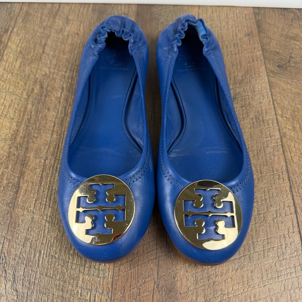 Tory Burch Reva Ballet Flat Cobalt Blue Leather Gold Medallion Size 8.5